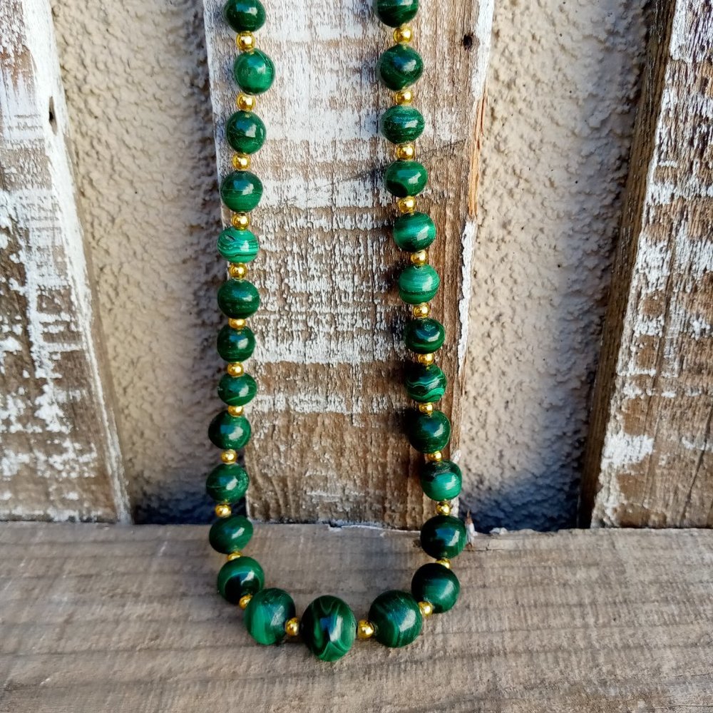 Chinese MALACHITE Graduated Bead Necklace w/Gold Spacers Vintage 25 1/2" - Picture 3 of 8